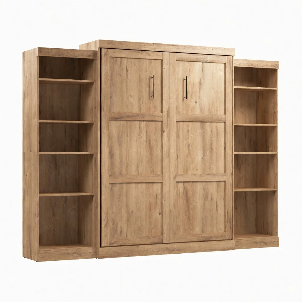 Murphy bed closed, maple finish with side shelving