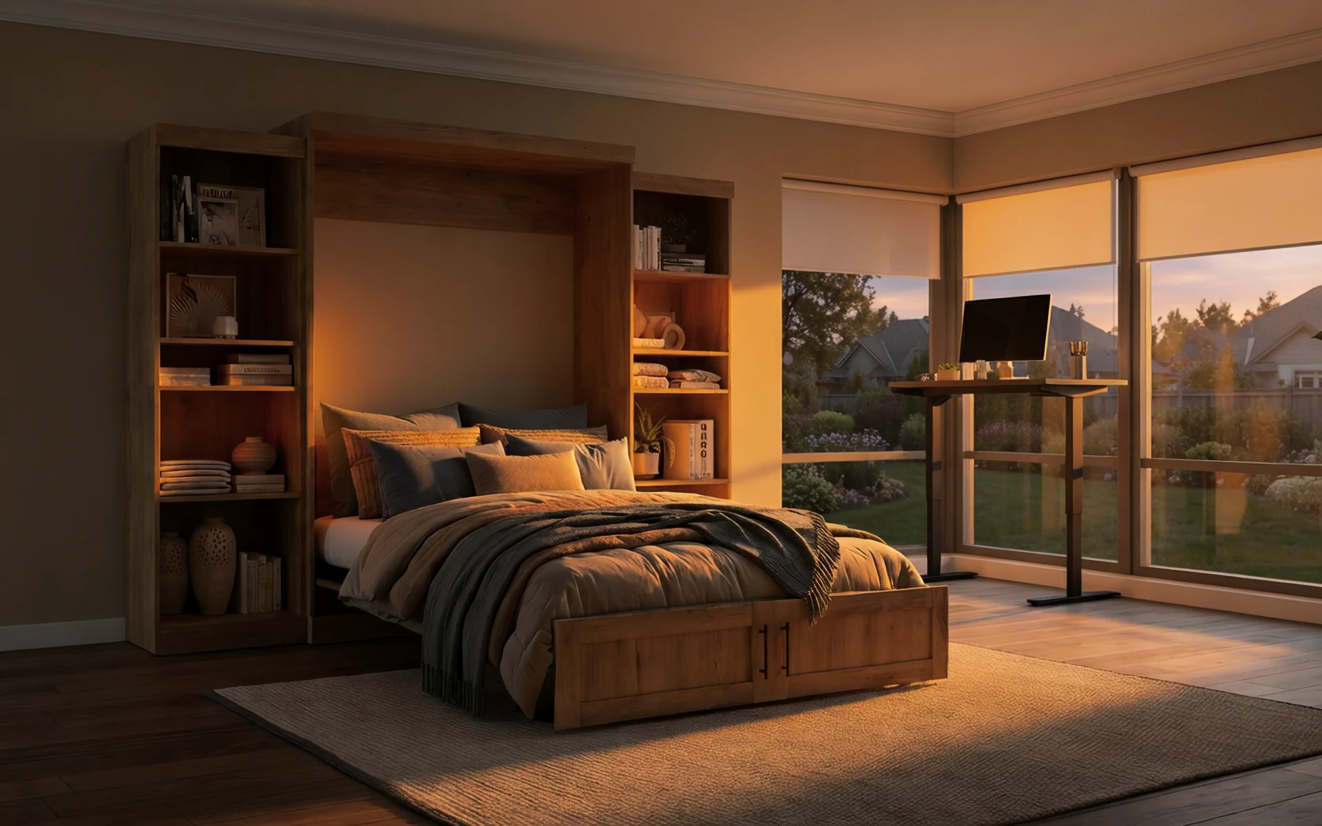 Solid hardwood murphy bed open in a warm evening room